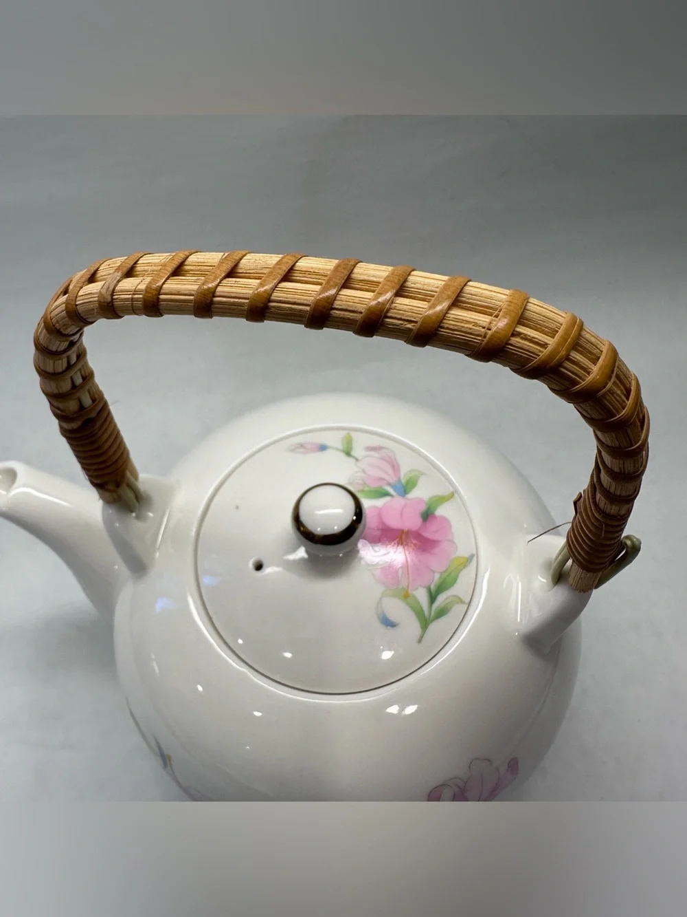 Vintage Price Products Teapot Floral Bamboo Handle Japan Hidden Chip on Rim
